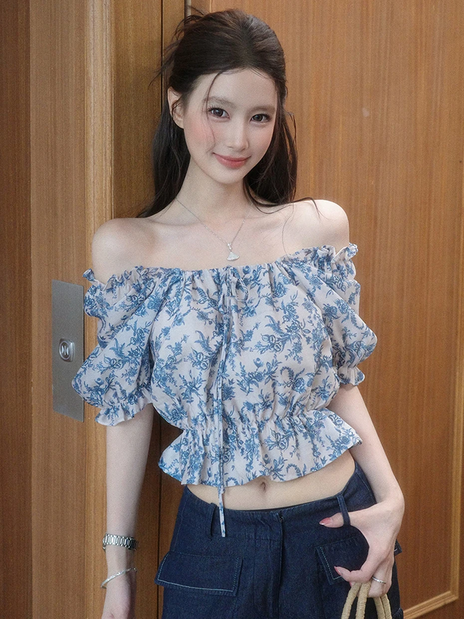 Floral Print Chiffon T-Shirt Women's Summer Unique Short Sleeve Bubble Sleeve Gathered Shoulder Top for Various Occasions