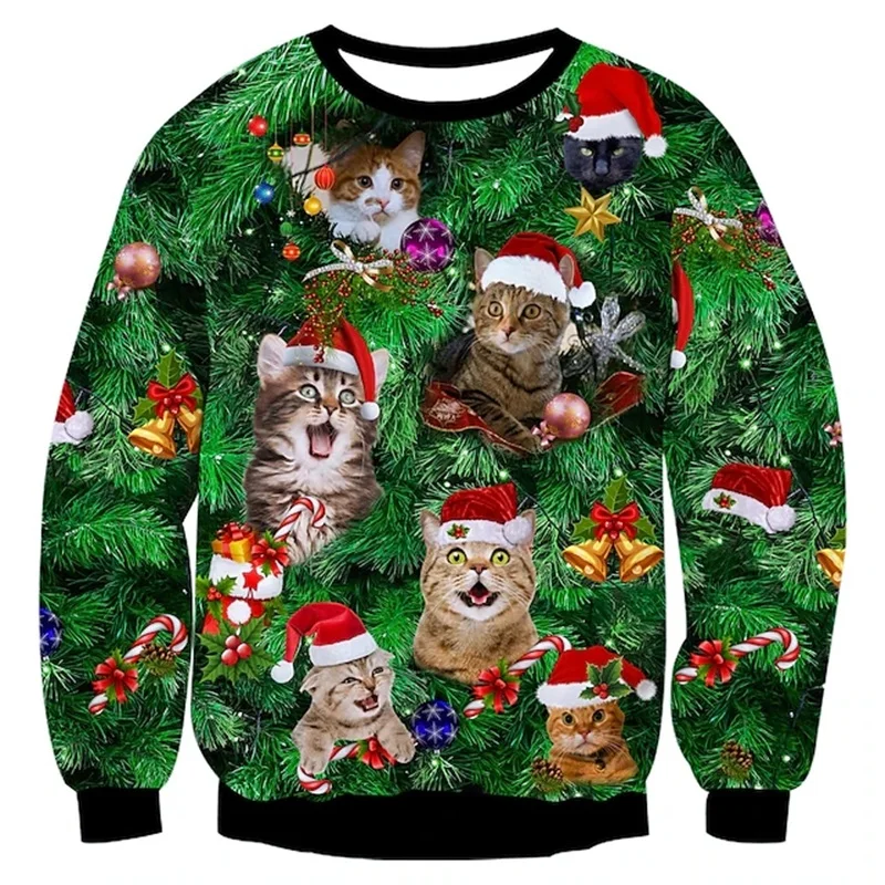 Full Print Funny Cat Pattern Sweatshirt For Men Women Round Neck Christmas Hoodie Clothes Mens Plus Size Sweatshirts Jumpers