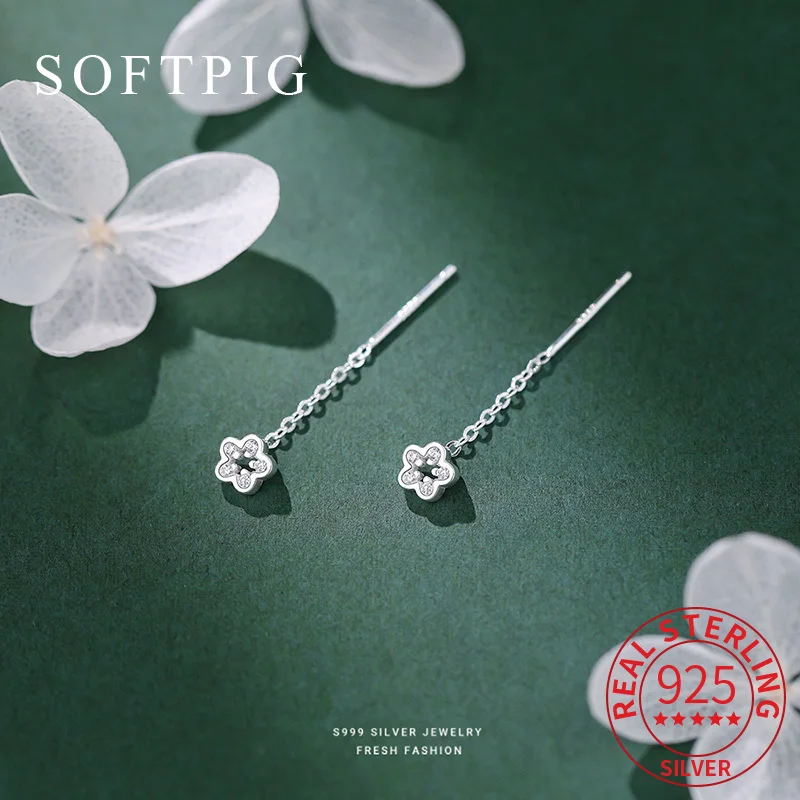 

SOFTPIG Real 925 Sterling Silver Zircon Flower Chain Tassel Mini Stud Earrings for Women Cute Fine Jewelry Luxury Accessories