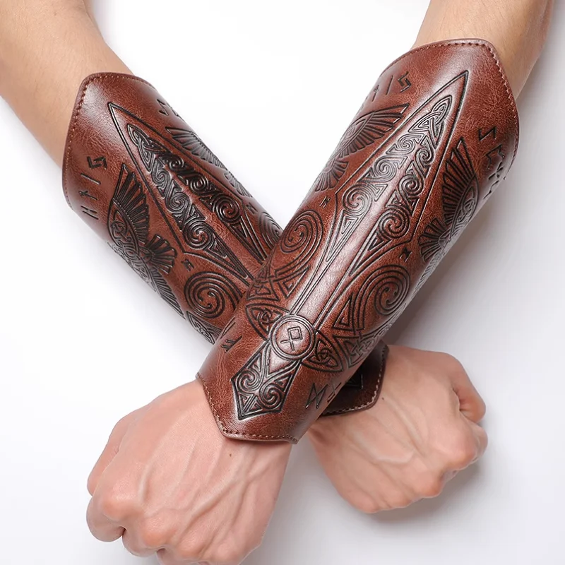 

Medieval Retro Embossed Leather Wrist And Arm Guards Cosplay Stage Props