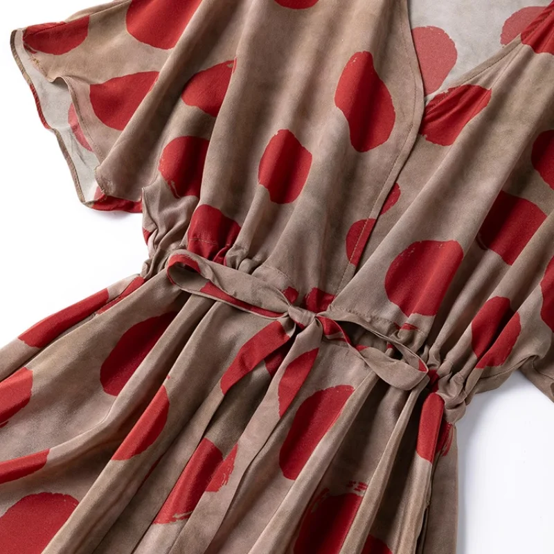 Birdtree Summer 100% Silk Dress,Women's Double Crepe V-Neck Dot Print Drawstring Waist Cinching Dress, 2026 New D55911JF