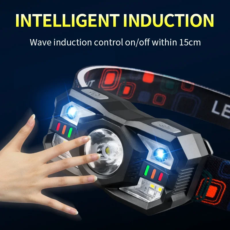 Powerful LED Induction Headlamp USB Rechargeable Sensor Headlight Warning Light Waterproof Head Lamp for Fishing Camping Hiking