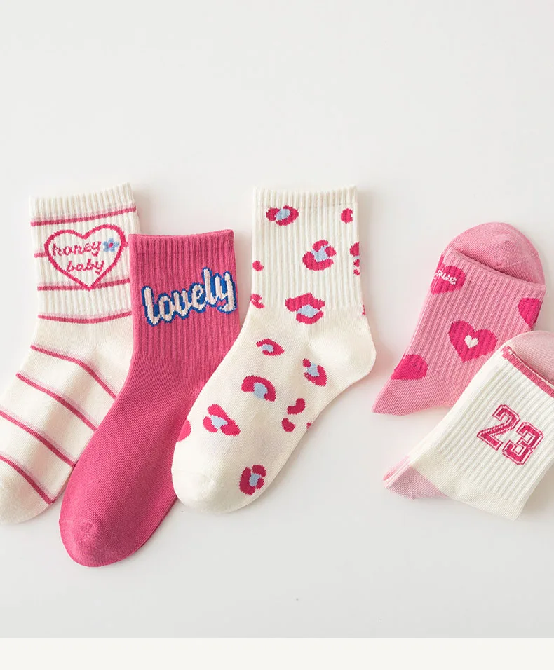 Baumwollsocken, 5 Paar, Kindersocken, Mädchen, Jungen, trendiges Muster, Sport-Crew-Socken, Frühling, Herbst – Detail 2