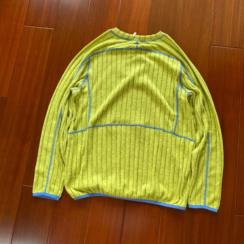 Unisex Yama Style Contrast Stripe Long Sleeve T-Shirt Casual Round Neck Pullover Top with Color Blocking Details Autumn & Winter