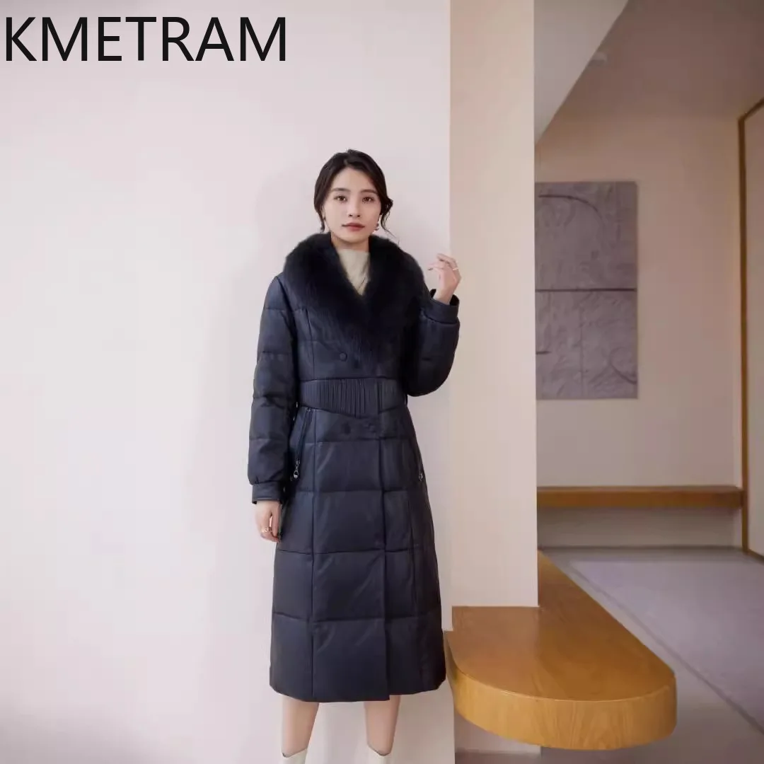 Pufferjacke aus 100 % Schaffell für Damen, hochwertiges echtes Leder, lange Daunenmäntel mit Fuchspelzkragen, Winterkleidung, 2025, Arteхок