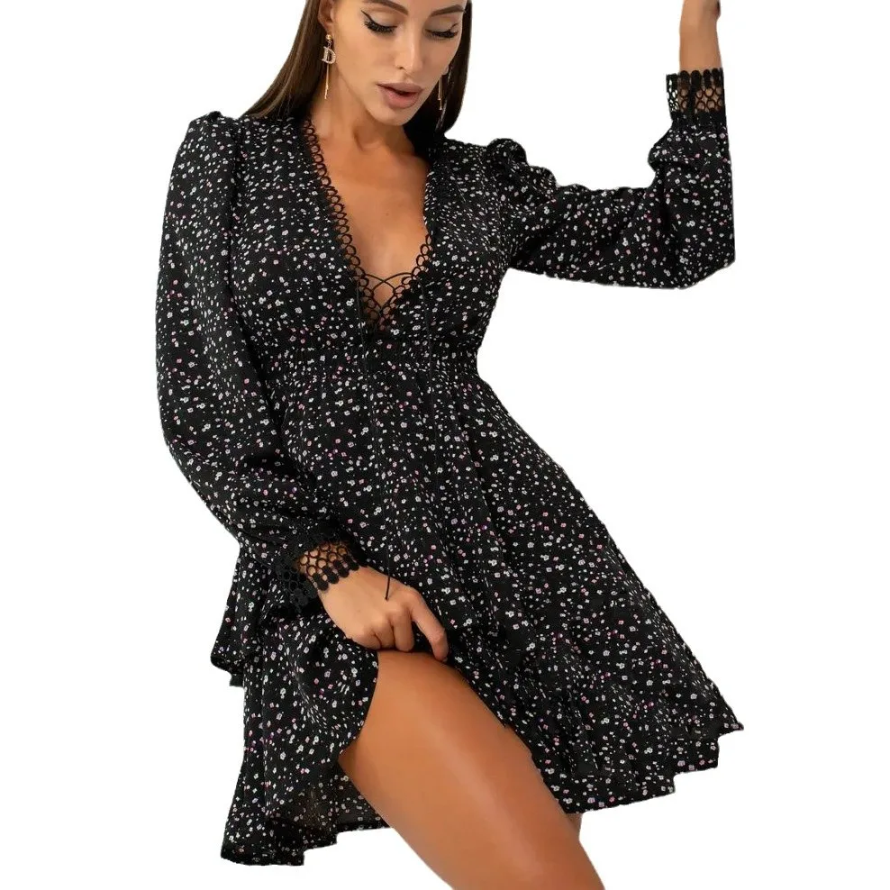 Roupas Femininas Vestido Feminino Emendado ​ ​ Vestido floral de chiffon de manga comprida de renda com decote em V cintura saia curta vestidos de festa elegantes