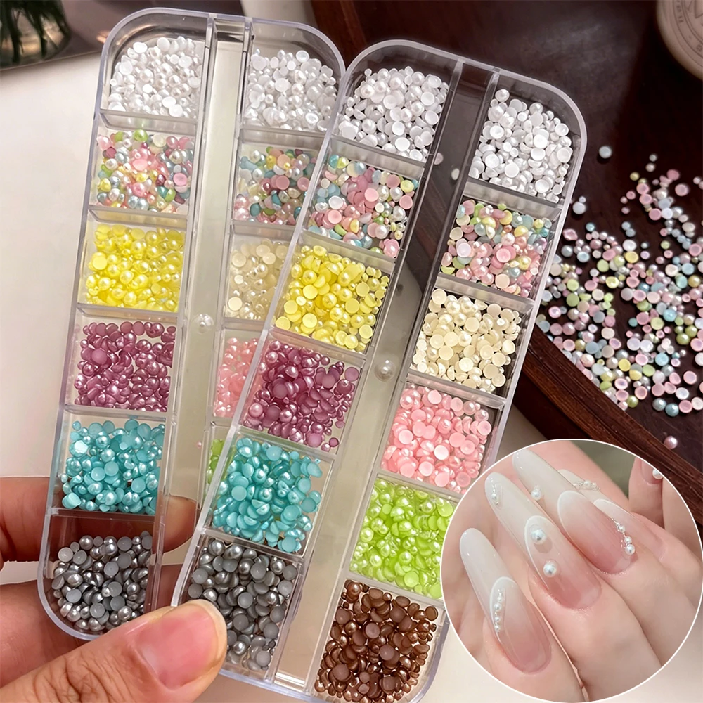 

12Grids Macaron Colors Half Round Pearl Nail Charms 3D Mixed Pearl Beads Rhinestones Nail Jewelry Flatback Pearl Ball Nail Decor