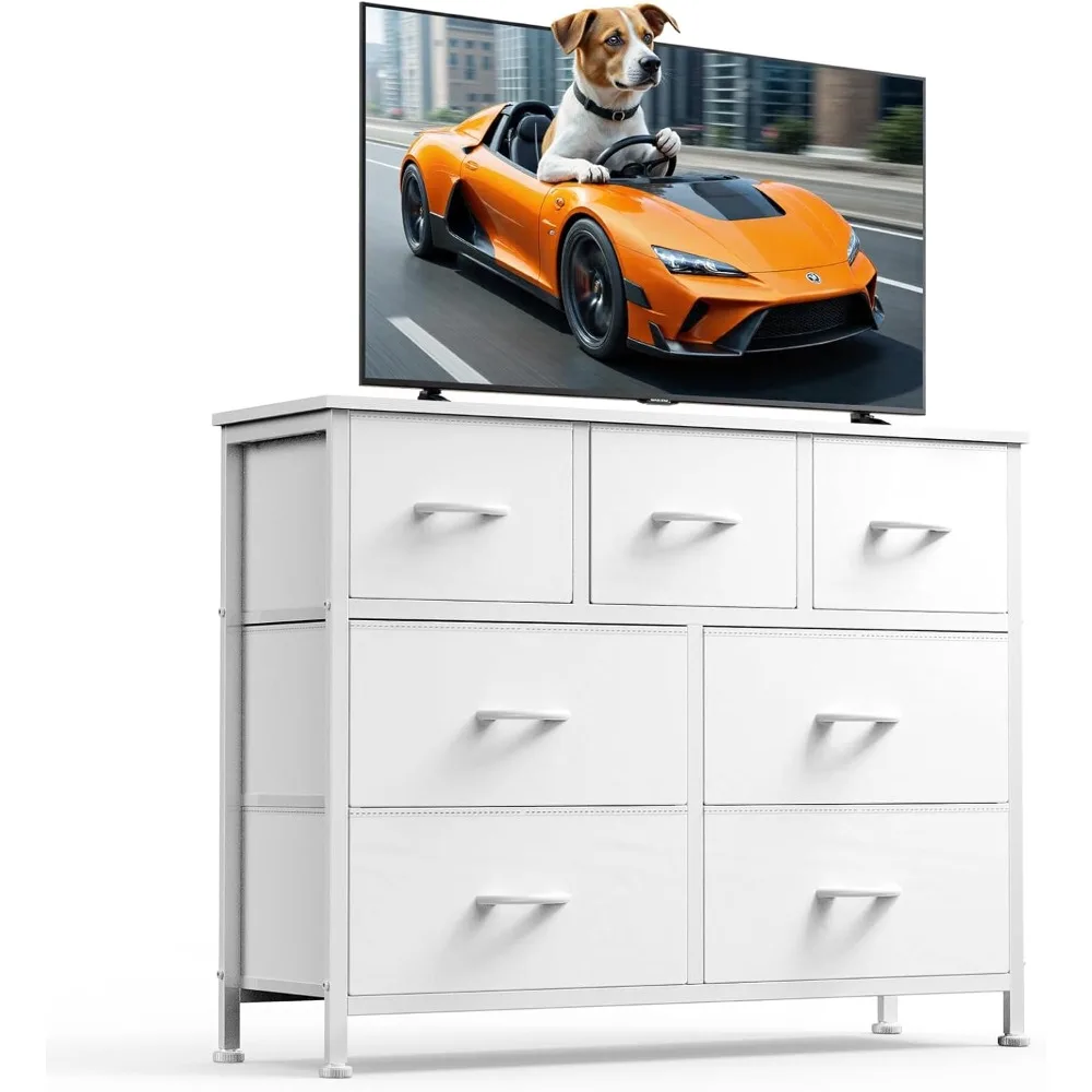 Comò porta TV per soggiorno e camera da letto con 7 cassetti in tessuto, organizer per riporre oggetti per centro di intrattenimento per abbigliamento