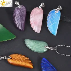 Natural Stone Angel Wing Necklaces Pendants Amethysts  Rock Crystal Black Obsidian Opal Green Aventurine Red Agate Jewelry E768