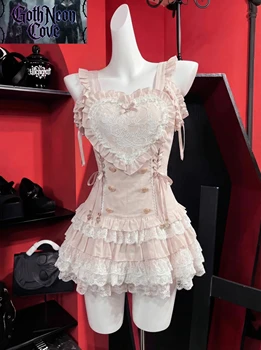 Japanese Sweet Lolita Plaid Lace Heart Embroidery Jumper Dress with Skirt 2 Piece Set Cute Kawaii Mass Produced Style Princess