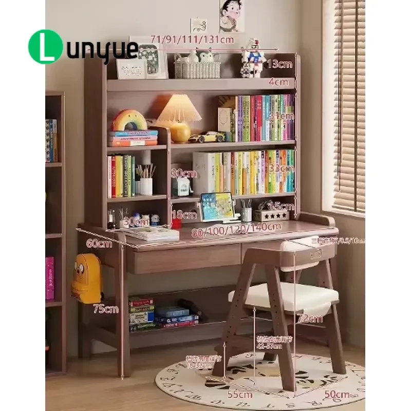 Modern Rubber Wood Computer Desk and Chair Set with Bookshelf Storage Drawer Eye Protection Light for Home Office Study