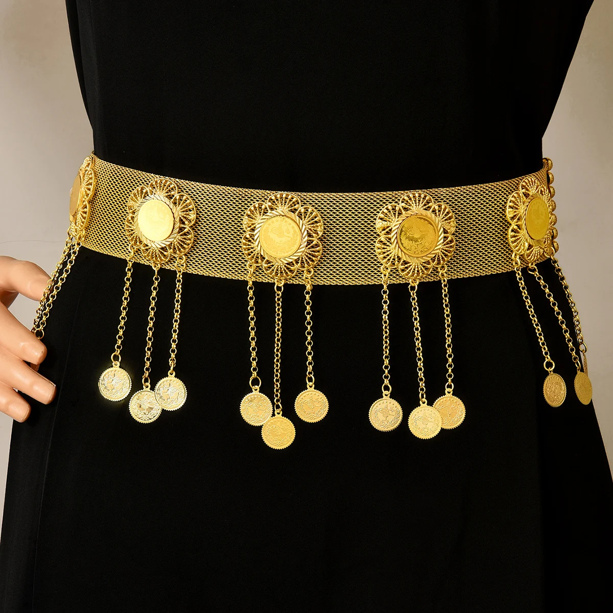Middle Eastern Gold Coin Tassel Belt Mesh Metal Waist Chain for Wedding & Belly Dance