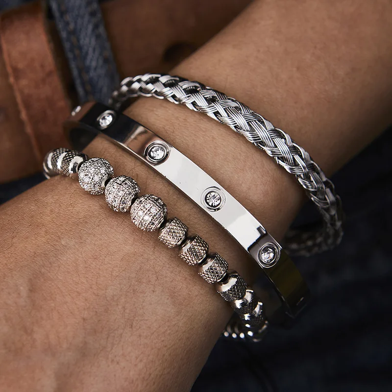 3Pcs Stainless Steel Bracelet Set Men's Woven Pineapple Bead Zircon Three Diamond Ball Bracelet Set Trendy Punk Style Bracelet