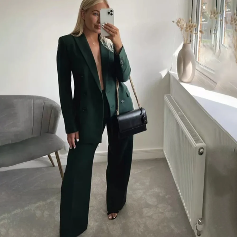 2024 Luxe Groene Vrouwen Pak Double Breasted 2-delige Jas Broek Vrouwelijke Kleding Mode Chic Slim Fit Office Lady Blazer Set