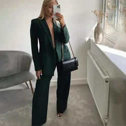 2024 Luxury Green Women Suit Double Breasted 2 Piece Jacket Pants Female Clothing Fashion Chic Slim Fit Office Lady Blazer Set