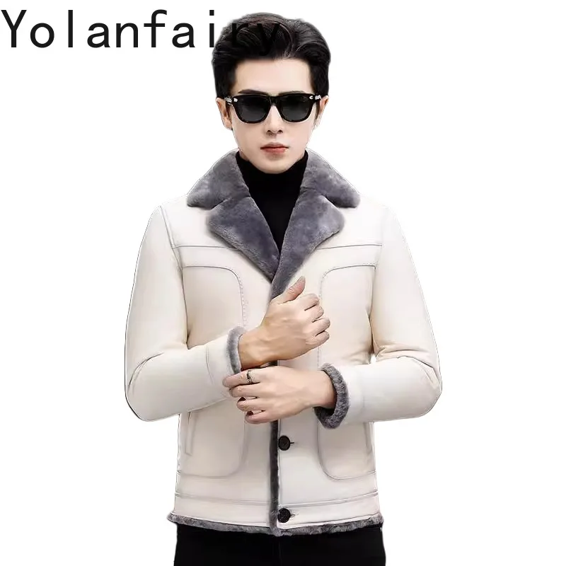 YOLANFAIRY 2025 Genuine Sheepskin Leather Jackets Man Winter Warm Wool Lining Short Lamb Wool Jacket Men's White Leather Coat