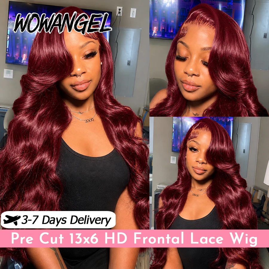 WOWANGEL 99J Burgundy Body Wave Human Hair Wig 13x6 HD Lace Front Wig Glueless Pre Plucked Pre Cut Lace Ready To Wear For Women