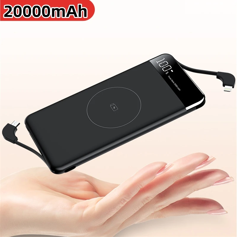 

10000mAh Ultrathin Wireless Power Bank Portable Charger Powerbank for iPhone 14 Xiaomi Samsung Huawei Poverbank Built in Cable