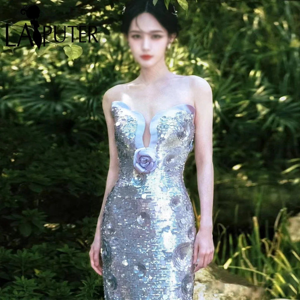 

Rose Flower Silver Sequin Mermaid Evening Dresses Off Shoulder neck Party Dress Luxury Silver Sequin Formal Celebrity Gown