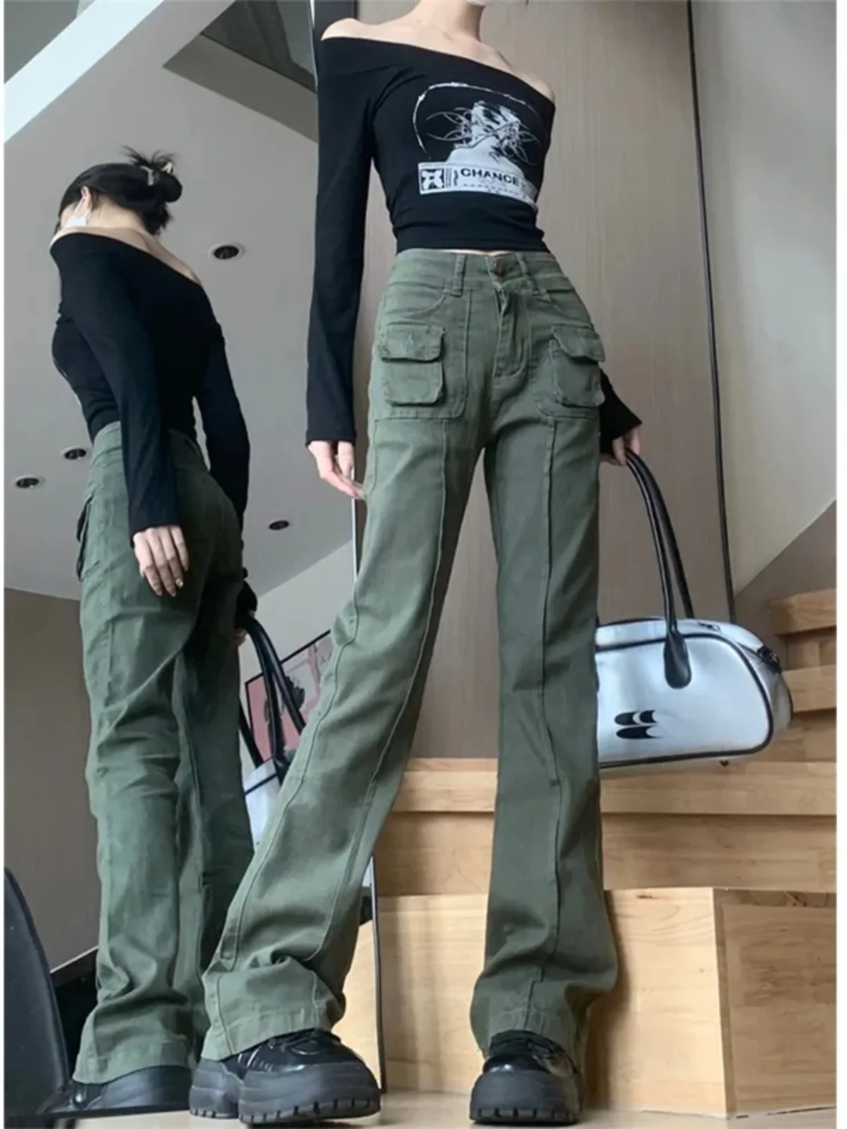 Women Army Green Cargo Jeans Baggy Harajuku Denim Trousers Y2k Flare Jean Pants 90s Aesthetic Vintage 2000s Trashy Clothes 2024