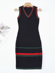 V Neck Black Stripe Knitted Tank Dresses Casual Slim Simple Fashion Korean Women Sleeveless Dress Sexy Vestidos New Clothes