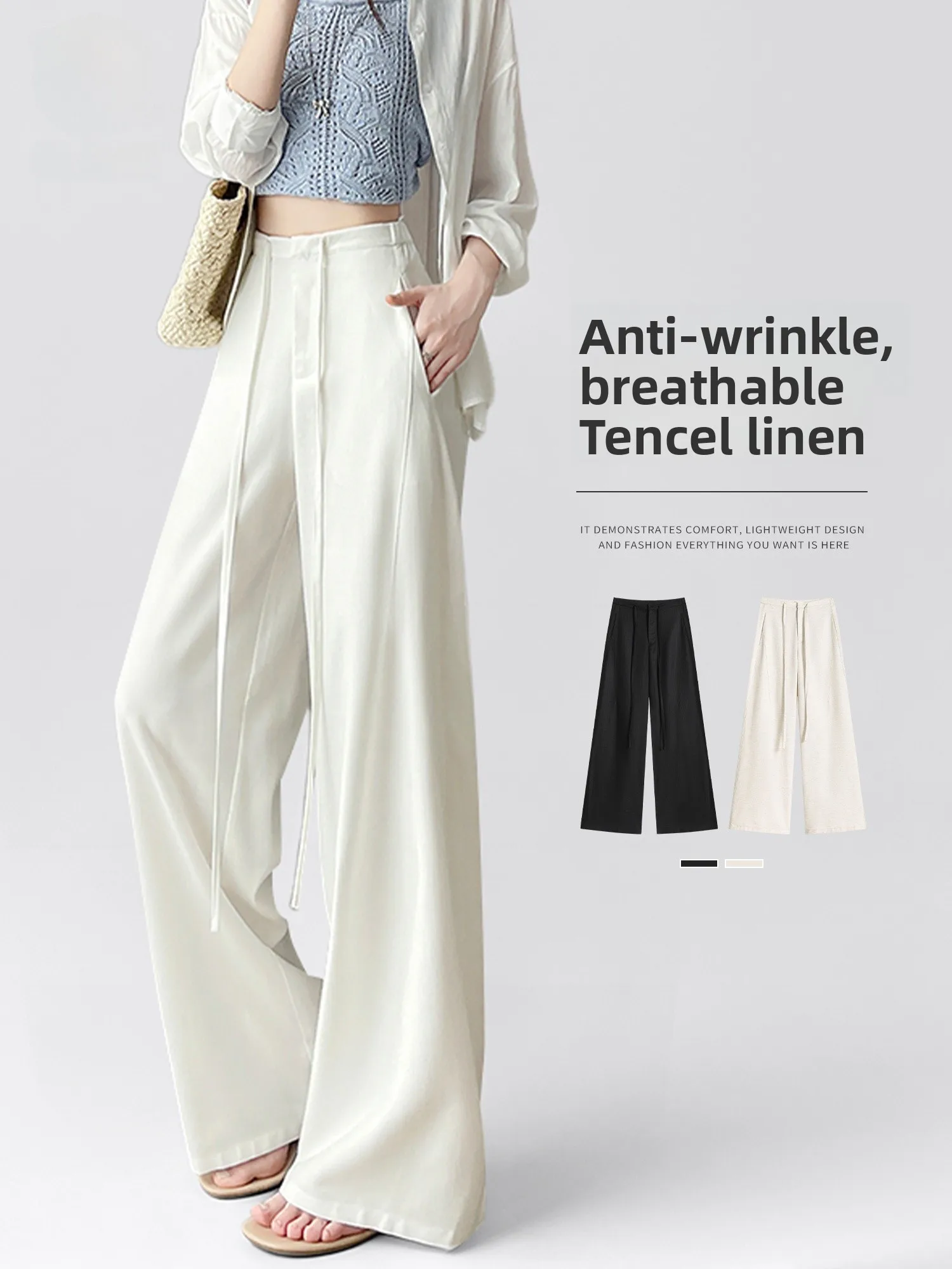 

White Linen Cotton Wide Leg Pants Women Summer Thin Small Size Anti-Wrinkle Drapey Casual High Waist Straight Tube