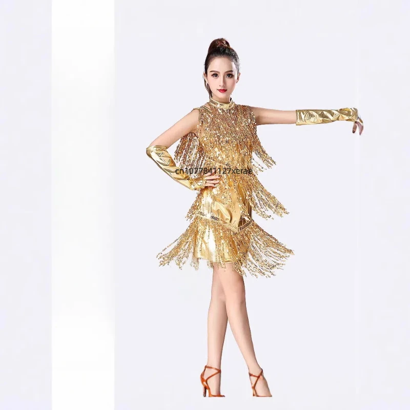 

Новое платье для латиноамериканских танцев с пайетками и бахромой, костюм для сценических выступлений, женский костюм для танцевальных выступлений
