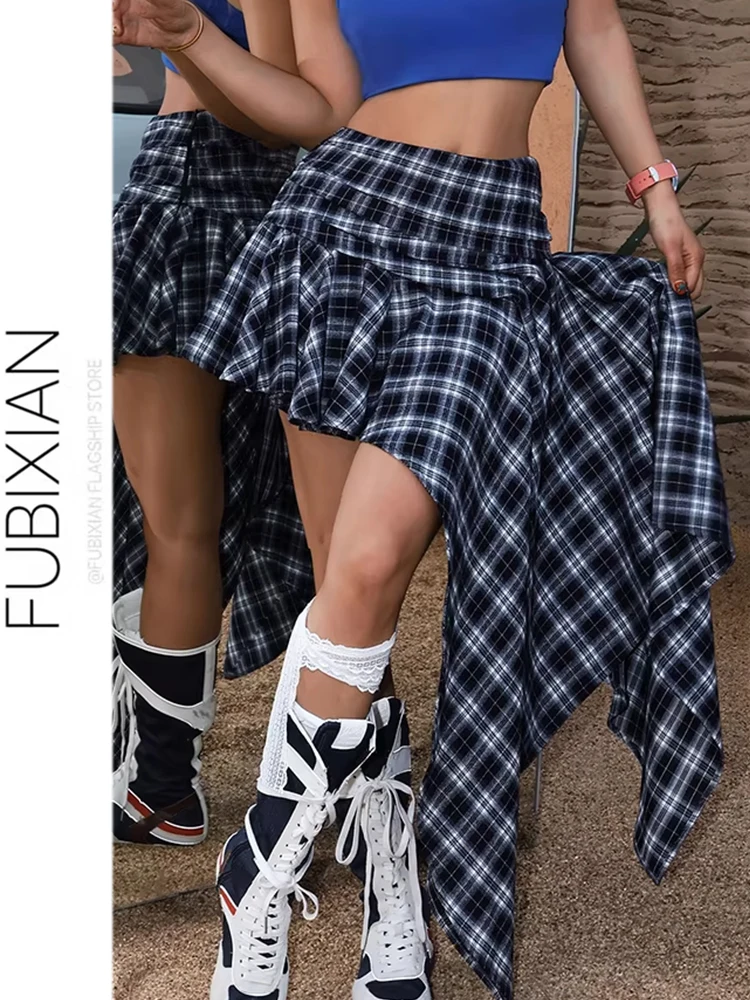 Rebellious Plaid American Retro Asymmetrical Half Skirt Women's New 2026 Red Black Plaid Design A-Line Skirt