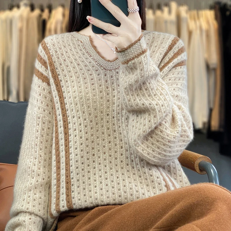 Autumn and winter new V-neck 100 pure cashmere sweater women loose thin hollow sweater knitted wool soft waxy base top