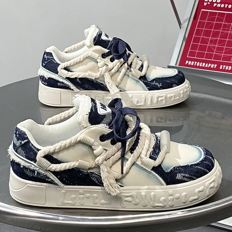 Fashion Men's Denim Chunky Sneakers Distressed Fringe Rope Laces Thick Sole Platform Casual Walking Footwear