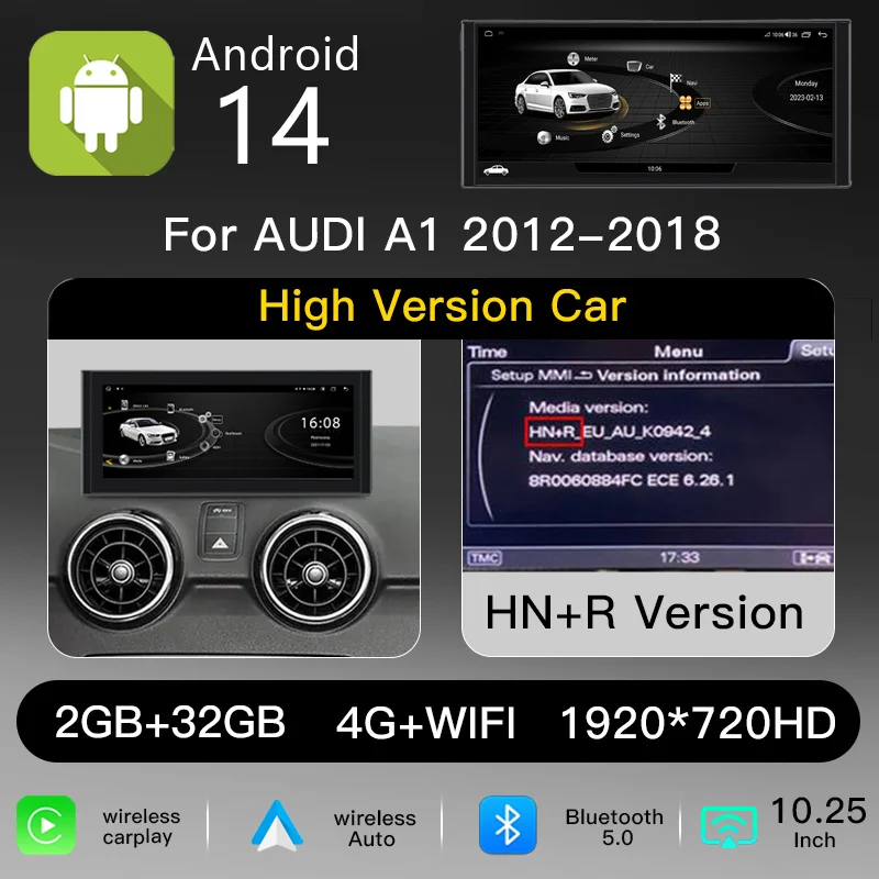 10,25" 1920*720 IPS-scherm, draadloze Carplay, Android 14 autoradio voor AUDI A1 2012-2018, RMC HN+R multimediaspeler, GPS-navigatie, hoofdunit, 4G+WiFi, BT, stereo-audio
