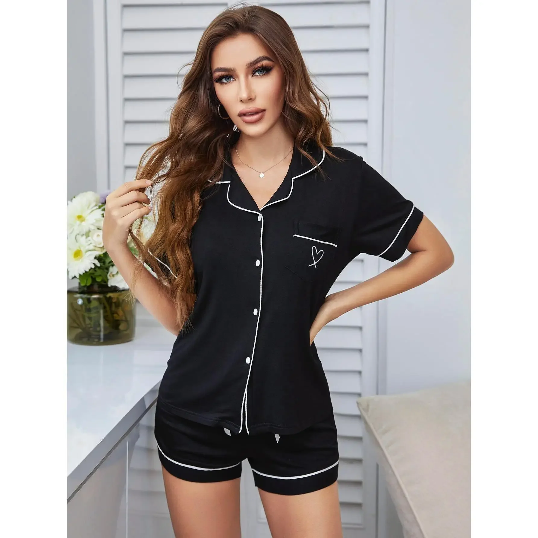 Summer Female Pajamas Home Clothes Set Black Short Sleeve Shorts Pijamas Suit Women Loose Nightshirt Loungewear