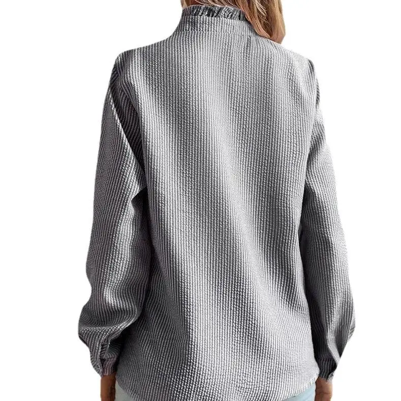 여성용 스트라이프 러플 긴팔 버블 셔츠 면 폴리에스터 혼방 레귤러 핏 2024년 봄 유행 지적인 스타일