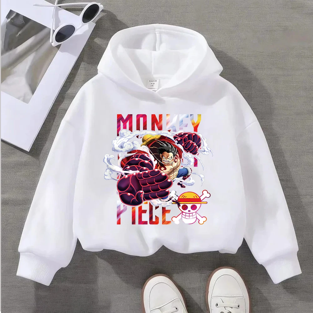 سترة بغطاء للرأس مطبوعة من قطعة واحدة للأطفال من Monkey D. Luffy، أنيمي - سويت شيرت كاجوال بطابع للأولاد والبنات، بلوفر قطني مريح