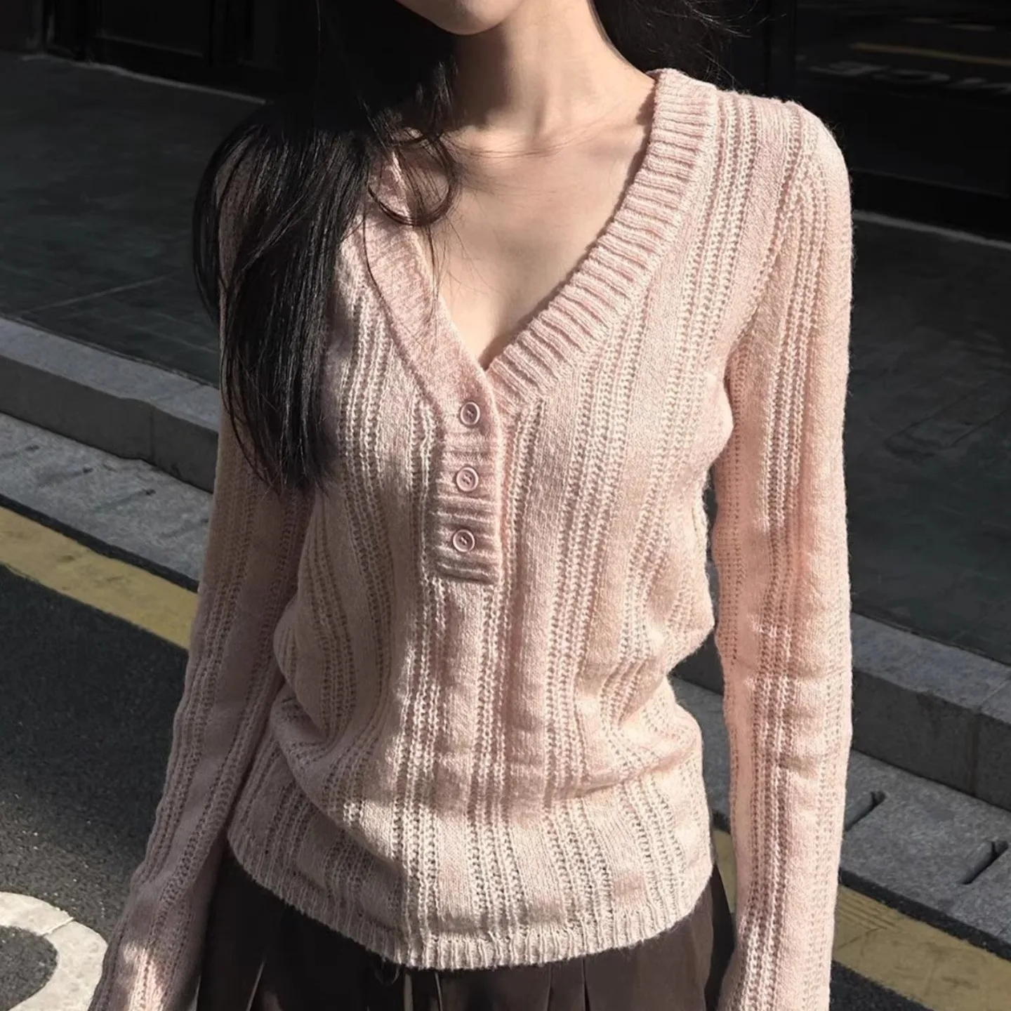 

Шикарный розовый вязаный свитер V-Ne Long Sve, женский утягивающий базовый топ, модный дизайн, осенний свитер из полиэстера для поездок на работу...