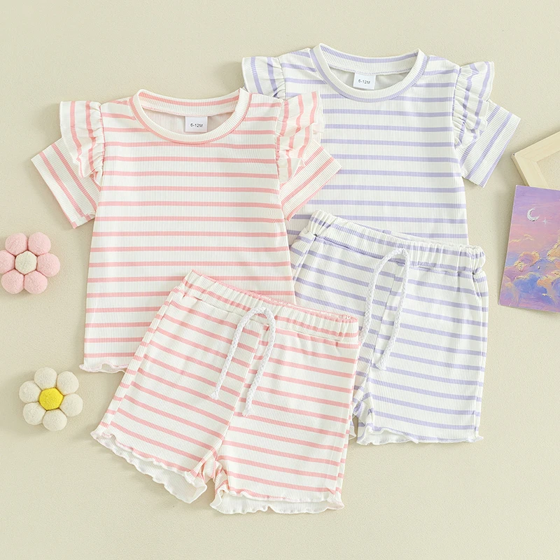 2024-01-23 Lioraitiin Toddler Baby Girl Summer Outfit Waffle Knit Frilly Short Sleeve T-Shirt Shorts Set 2Pcs Clothes Set