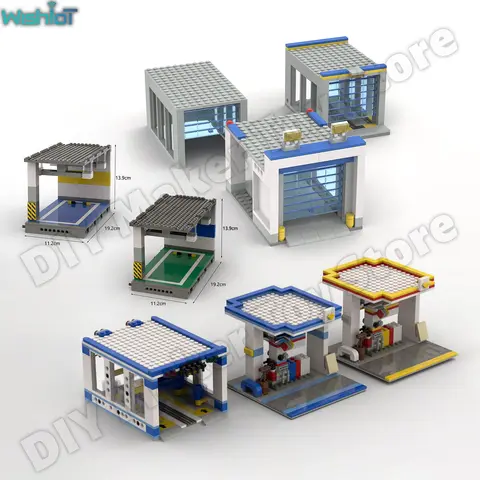 MOC City Series Urban Road Street Views Parking Garage Car Wash Gas Station Building Blocks Creative Street Scene Kids Toy Gift