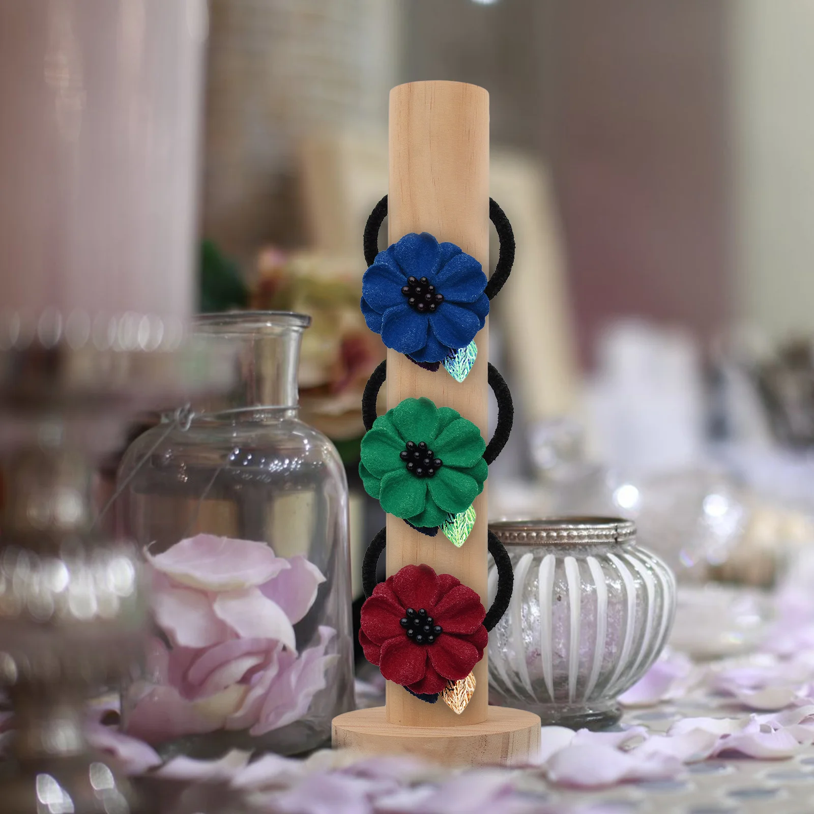 منظم إكسسوارات الشعر، حامل ربطة شعر خشبي مدمج ومتين، حامل عرض شريط مطاطي، حامل Scrunchy