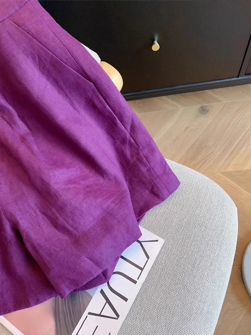 Plones Anchos de Lino Color Mo Uva Retro, Cintura Alta, Cortos, Casus, de Verano, Diseño Sensacional, Es, C...