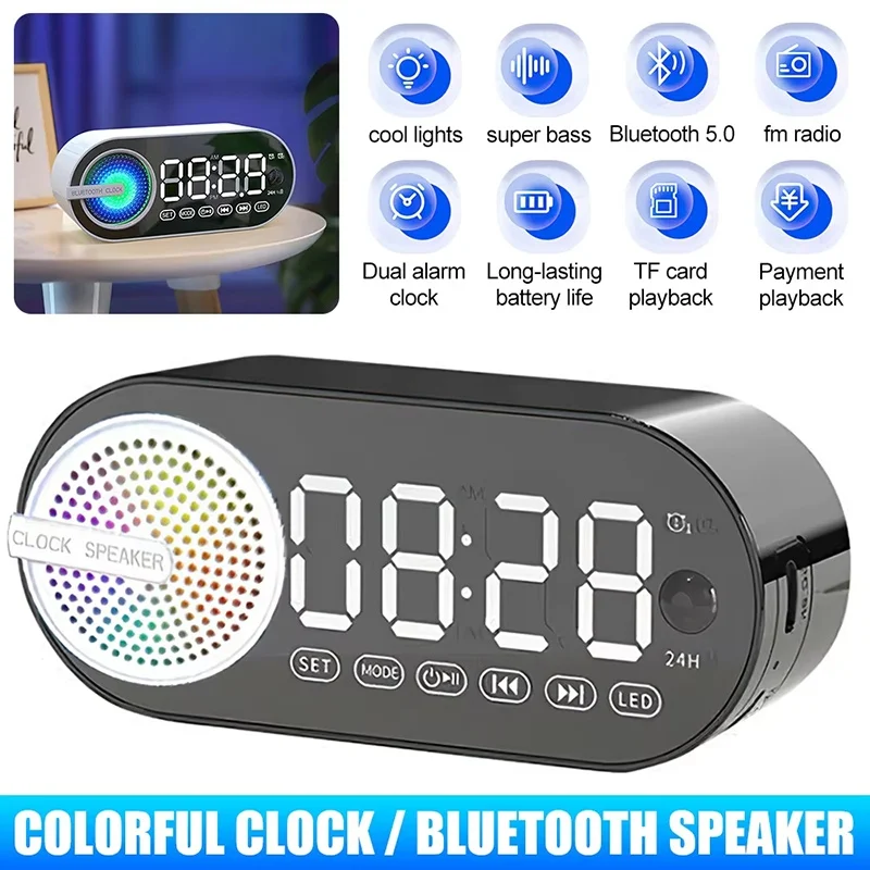 USB Rechargeable Radio Alarm Clock RGB Portable Bluetooth Speaker FM Large Display Mute Mirror Digital Bedroom Room Office Desk