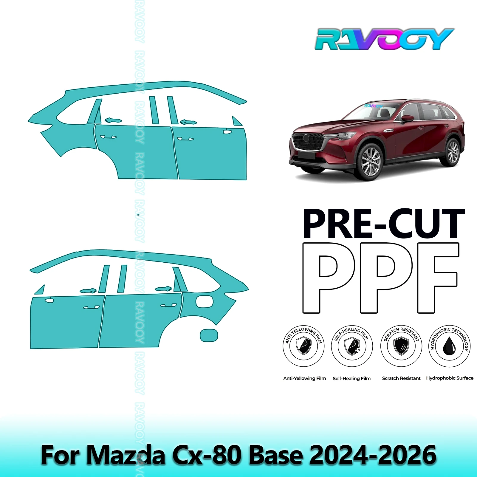 

For Mazda Cx-80 Base 2024-2026 8.5mil Clear Matte Pre-Cut PPF Door & A/B Pillar Kit TPU Paint Protection Film Set