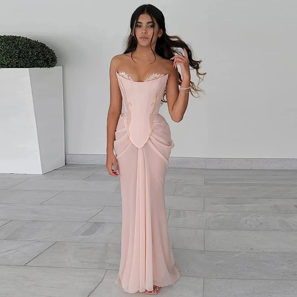 

Luxury Special Occasion Dresses Chiffon Sheath/Column Evening Dress Pink Sweetheart Beads Lace Ruched Prom Dresses for Ladies