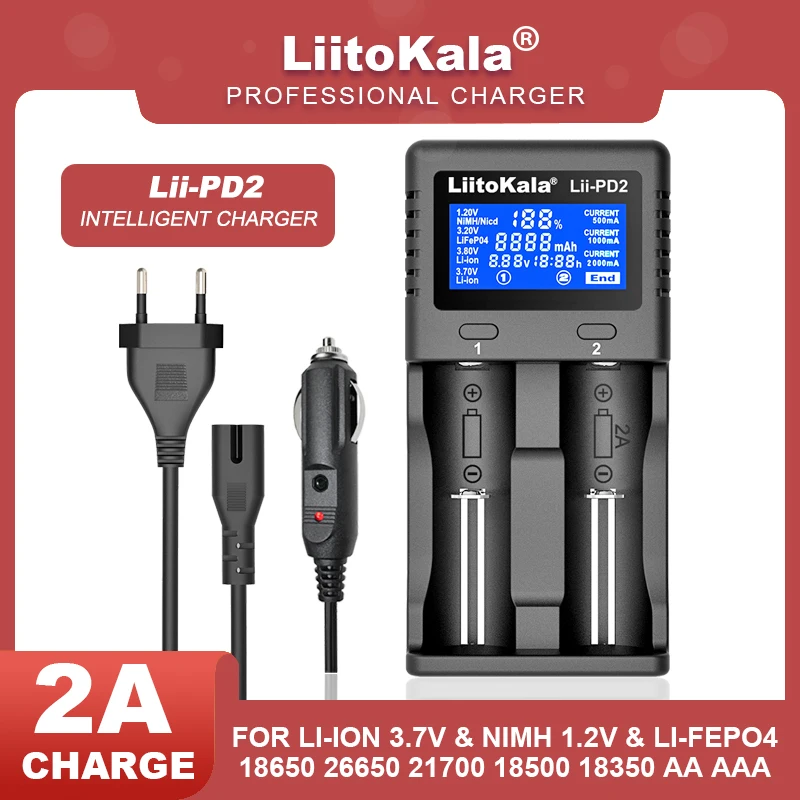 NEW LiitoKala Lii-PD2 LCD 3.7V/1.2V NiMH 18650 18350 18500 21700 20700 26650 Recharge Lithium Battery Charger