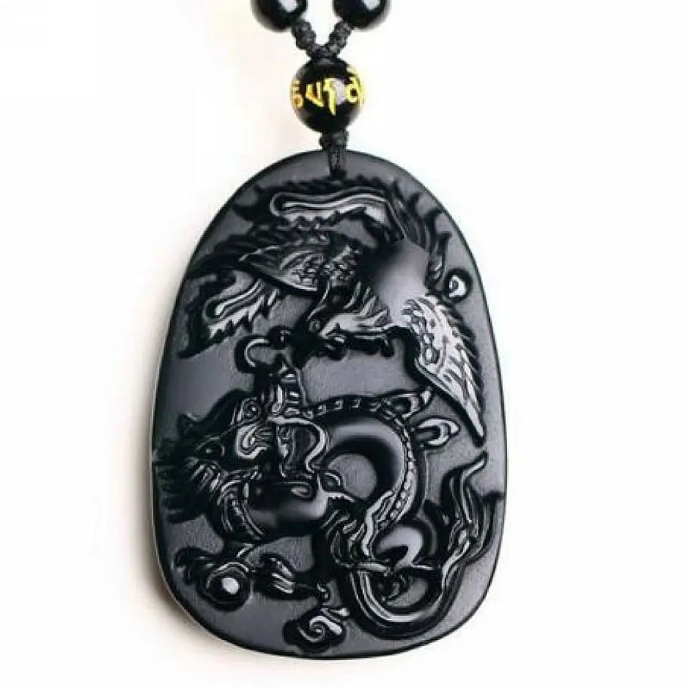 Natural black Obsidian Crystal dragon phenix Pendant with Bead Chain great gift necklace men or Women