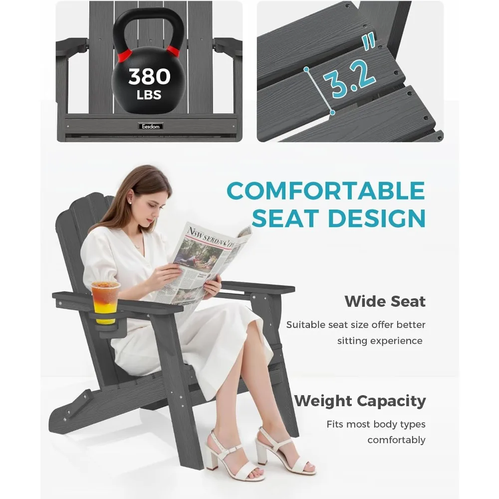 Cadeira dobrável Adirondack, cadeira Adirondack HDPE com 2 porta-copos, cadeiras para fogueira ao ar livre, jardim, pátio, cinza