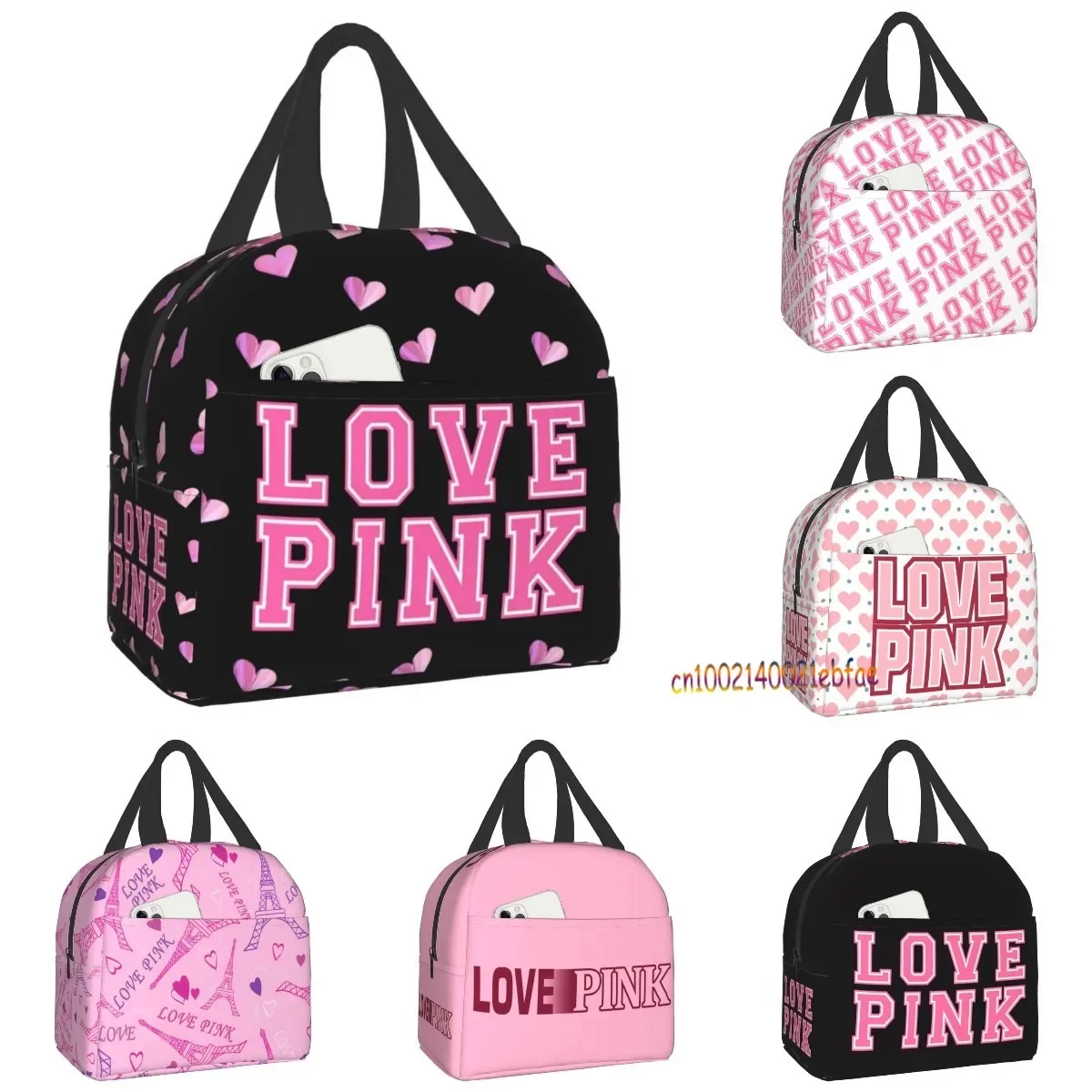 Love Pink Gradient Pink Lunch Bags for Women Portable Thermal Insulated Lunch Box Container Cooler Bag Tote Bento Pouch for Work