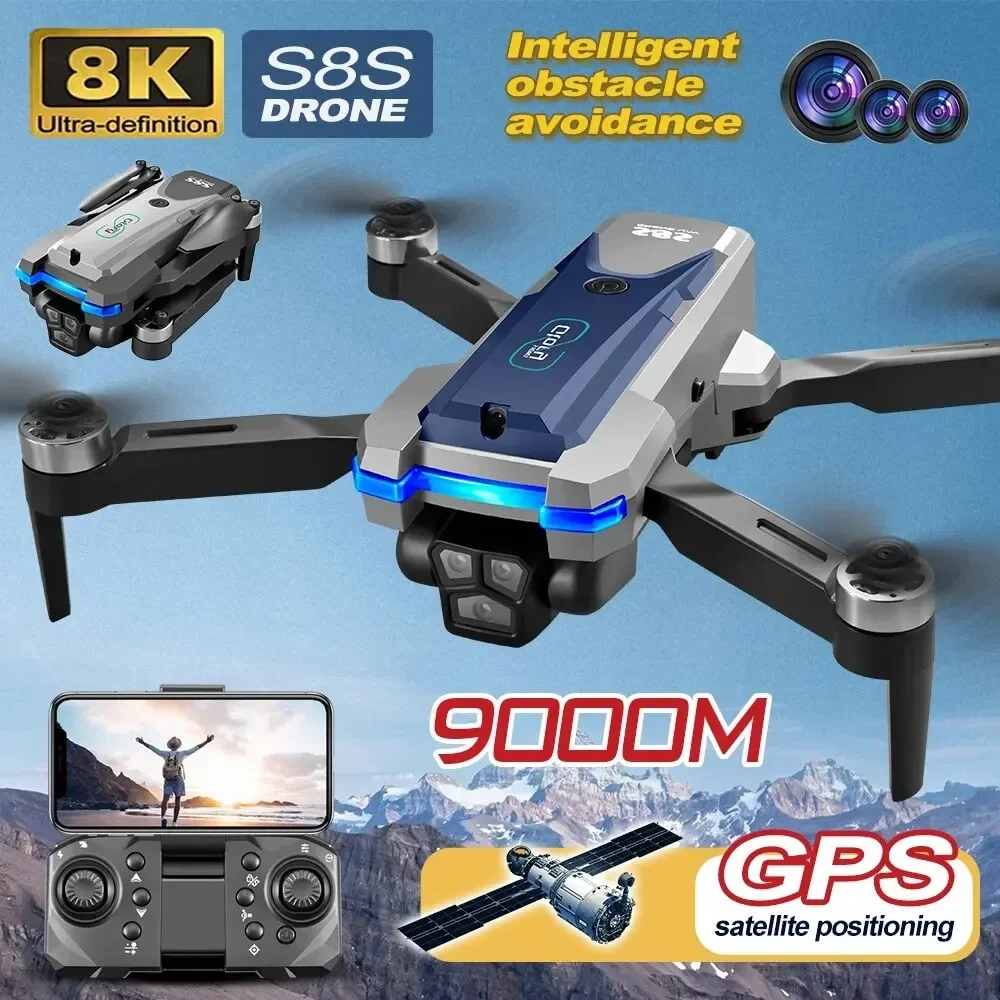 Dron GPS S8S 5G Wifi 8K HD con Cámara Dual ESC y Flujo Óptico 360 °   Quadcopter Plegable RC con Motor sin Escobillas y Evitación de Obstáculos 9000M