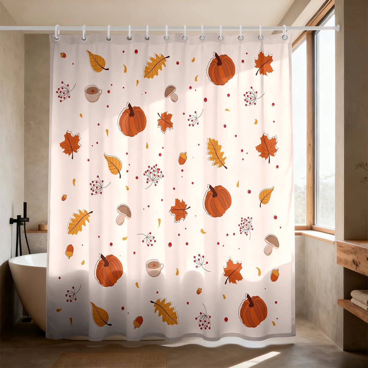 1PC Autumn Pumpkin Leaf Printed Shower Curtain, Waterproof Shower Curtain, Partition and Privacy Hanging Curtain