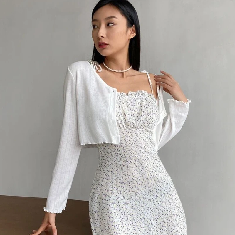 2024 Summer Solid Color Thin Cardigan Women All Match Long Sleeve Sun Protection Cardigan Woman Korean Style Lace Up Crop Top