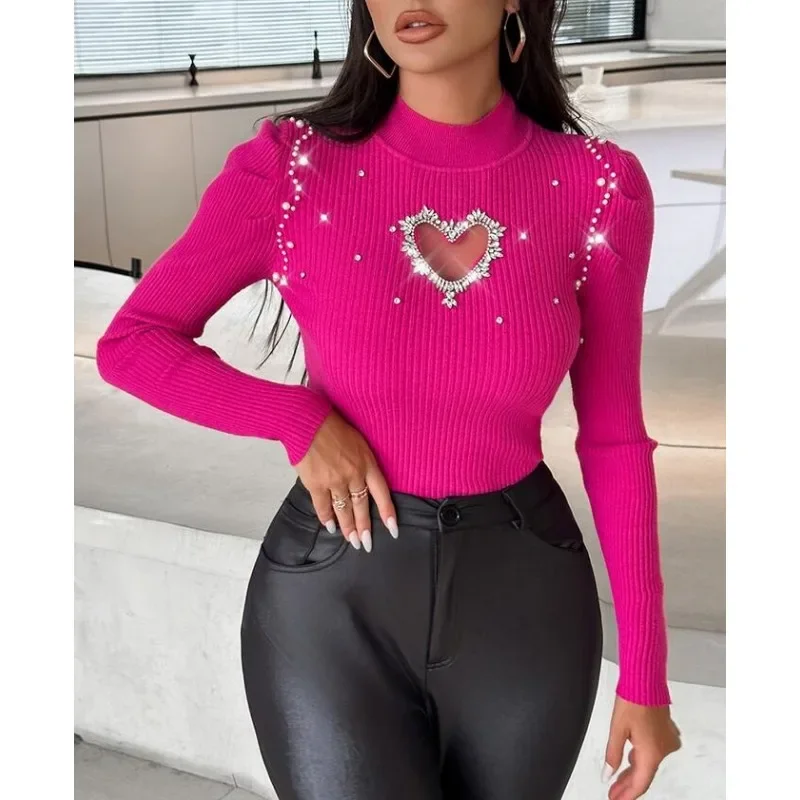 

Hollowed Heart Shape Sweater Jumpers Rhinestone Trend Diamond Sheath Sweaters Tops Women Long Sleeve Hollow Heart Knit Sweater